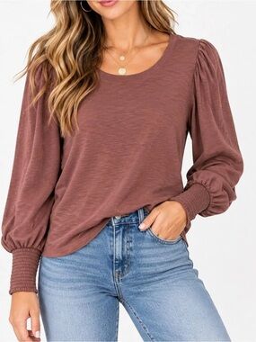 Nation LTD Puff Sleeve Smocked Wrist Brown Top Pima Cotton Small Casual Preppy